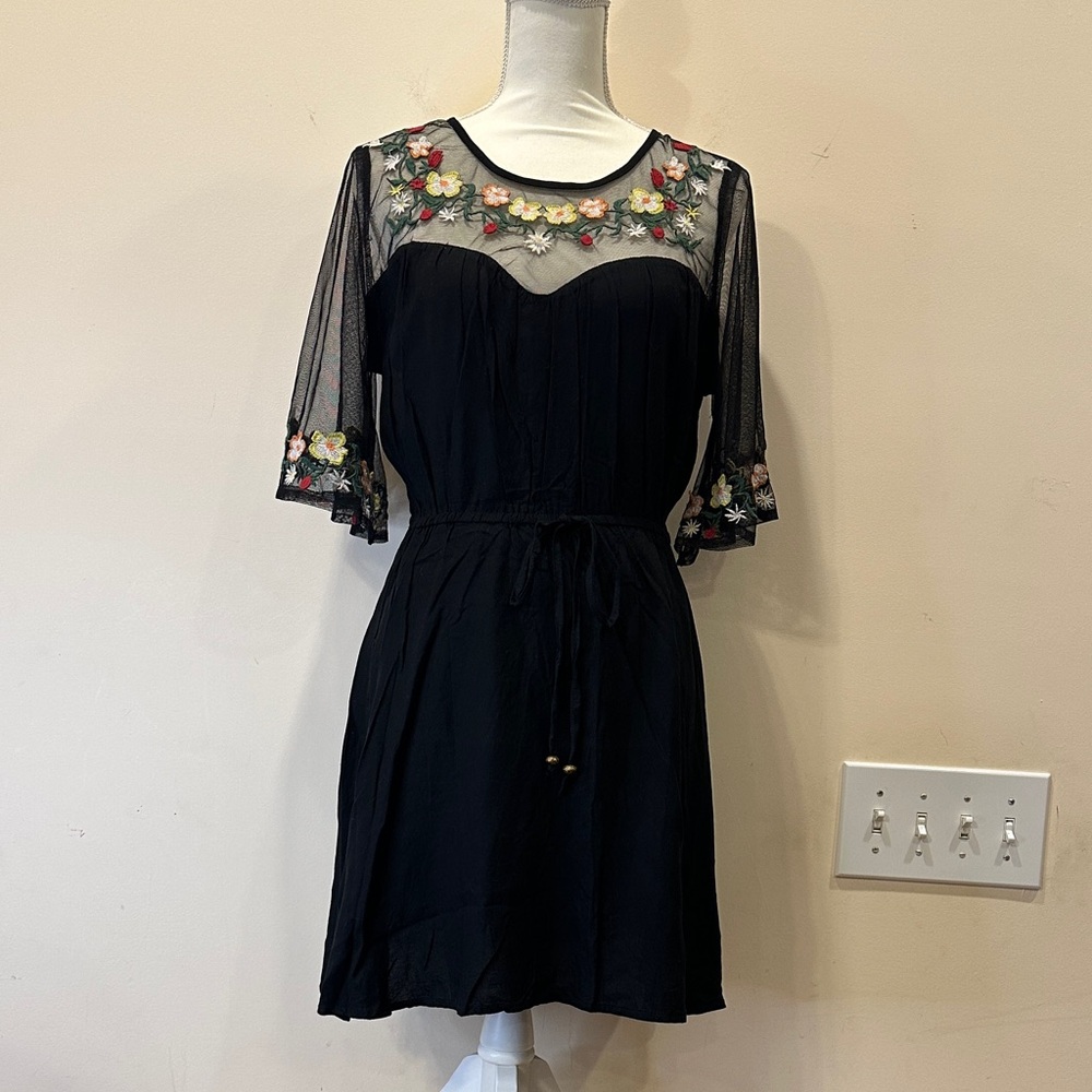True Destiny Black Dress with Floral Embroidery Large